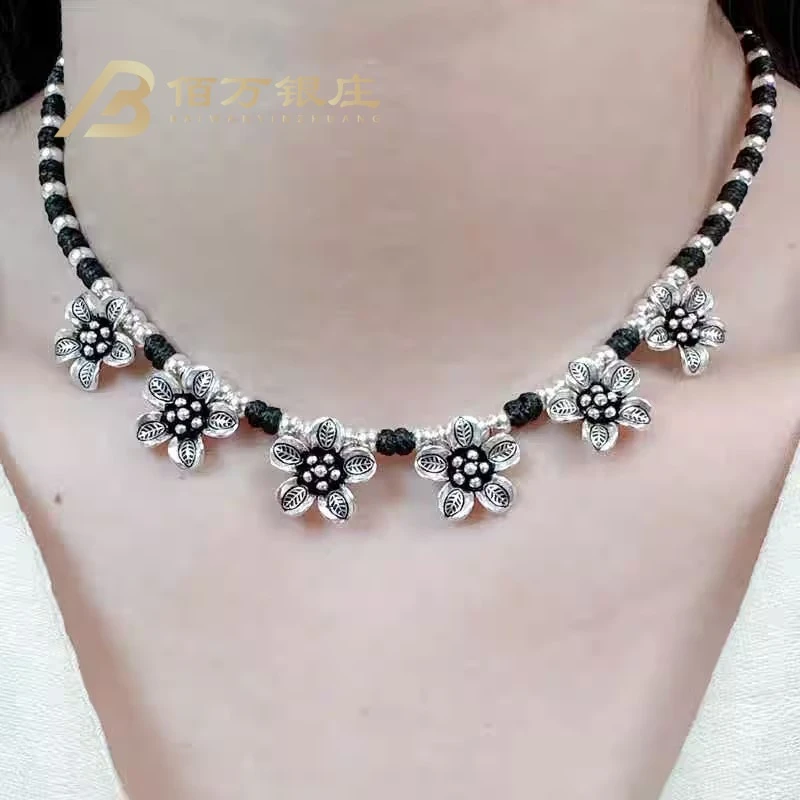 吊坠925银 【佰万银庄】S925纯银繁花亮银色珐琅彩项链百搭手工复古