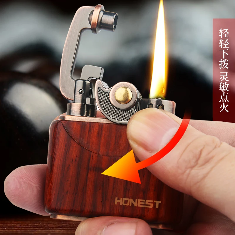 百诚新品煤油打火机高档老式便携檀木摇臂防风创意个性礼物送男友