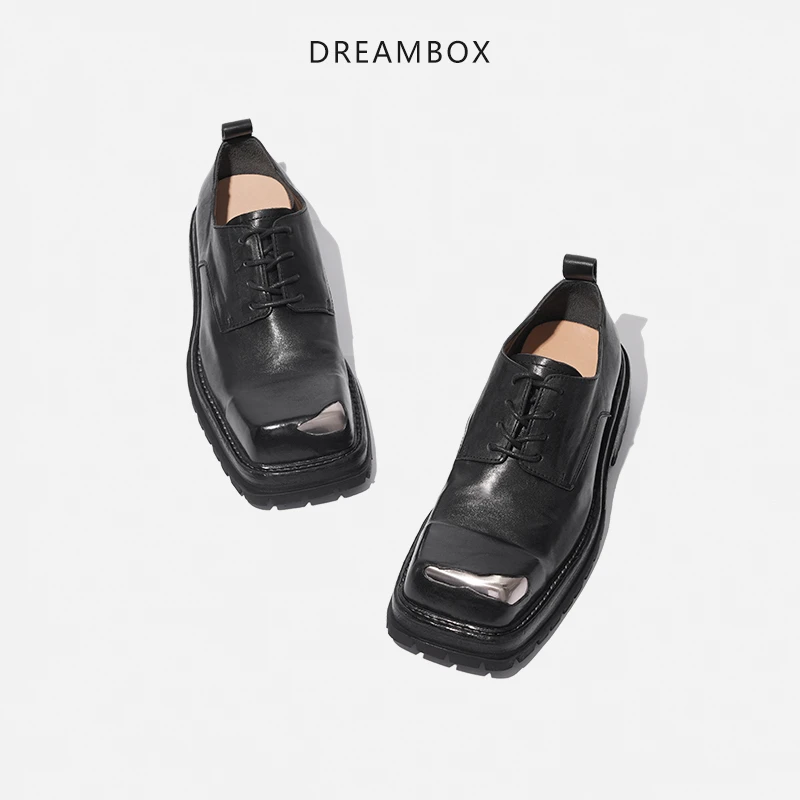 dreambox钧博女鞋粗跟厚底方头中性潮酷女式小皮鞋高档手工单鞋