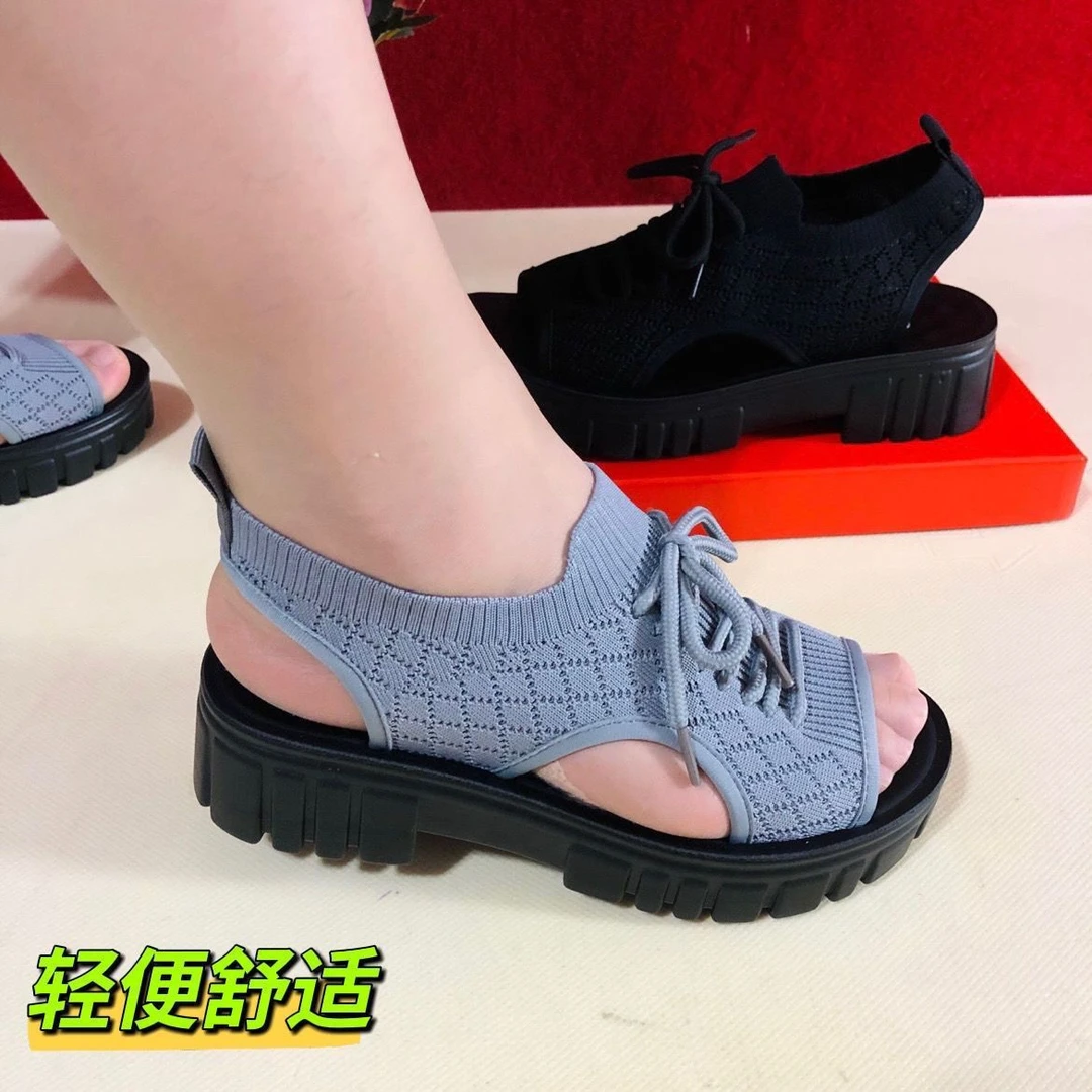 厚底凉鞋真软皮防滑沙滩凉鞋女夏新款透气网面松糕底飞织运动鞋女