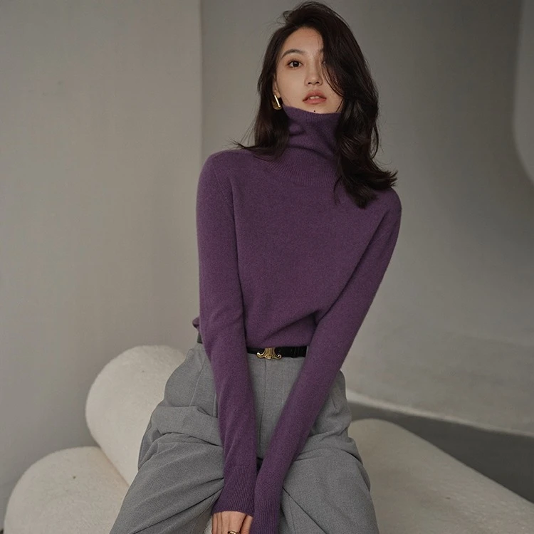 秋冬女装网红洋气针织衫紫色高领外穿套头软糯毛衣内搭打底衫上衣
