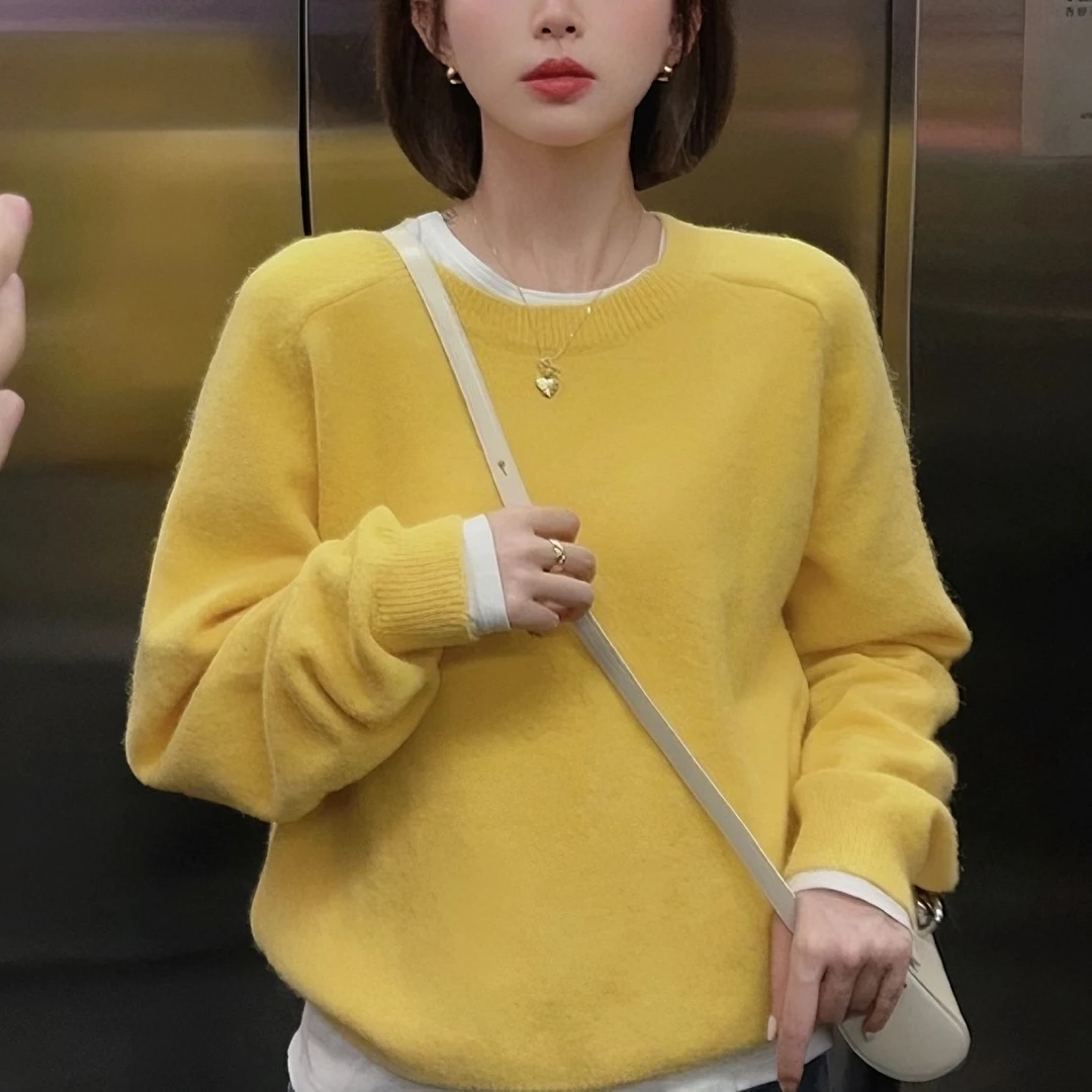 黄色套头网红毛衣女秋冬外穿高级感慵懒风宽松软糯打底针织衫上衣