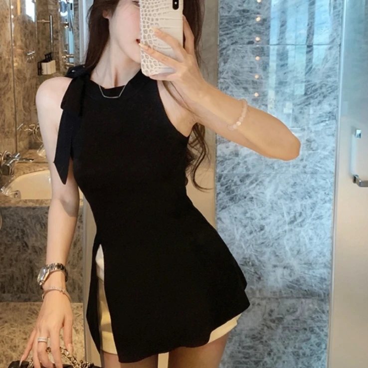 2024夏季网红潮款女装时髦洋气蝴蝶结系带开叉无袖背心针织衫上衣