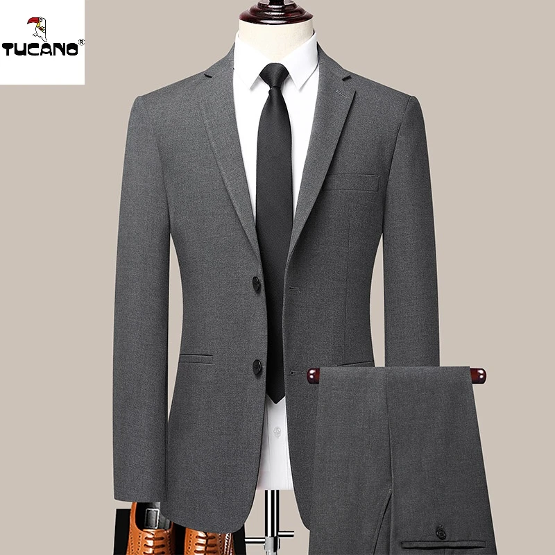 啄木鳥秋冬新款纯色男士两件套装韩版小西装男弹力修身免熨烫西服