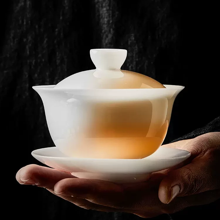 功夫茶三才盖碗白瓷盖碗茶杯单个高档家用茶碗功夫白瓷泡茶碗