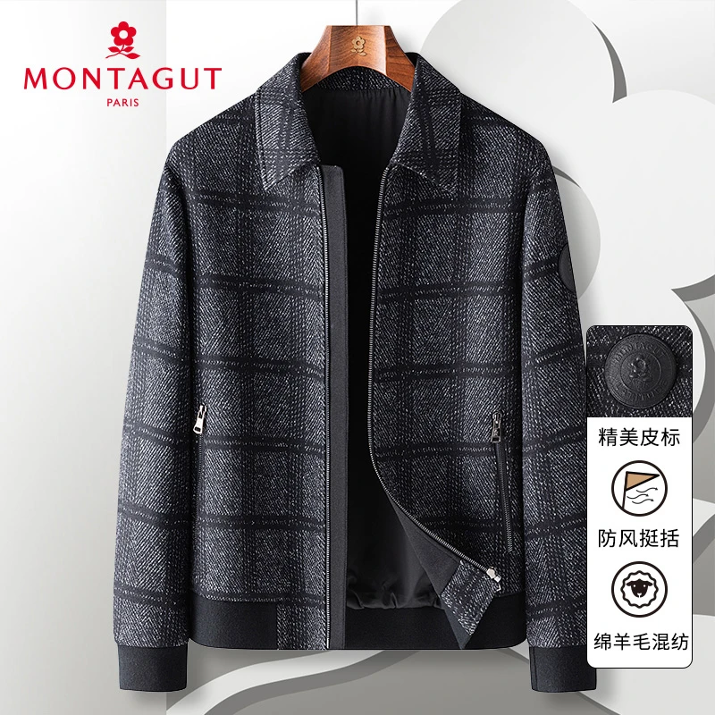 梦特娇秋冬新男绵羊毛翻领休闲夹克防风保暖毛呢厚外套302352014