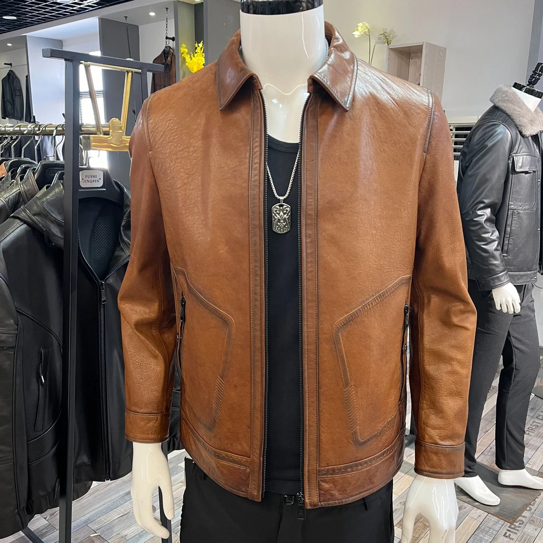 【ALT】2511秋冬男士绵羊油蜡时尚休闲衬衫领真皮外套