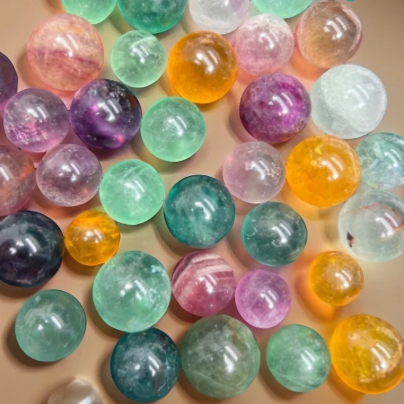 天然彩萤石小球摆件15-25mm萤石光珠无孔圆珠