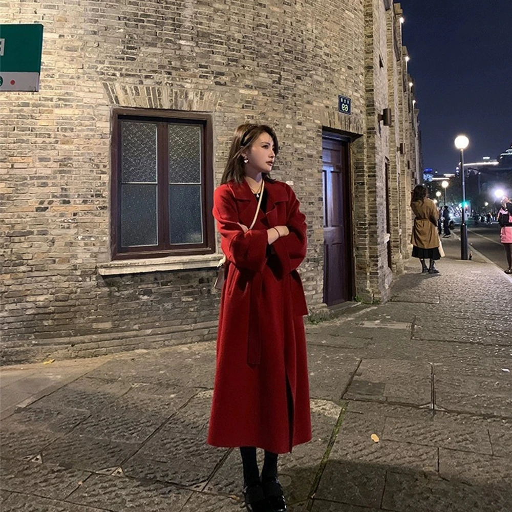 红色双面羊绒呢子2024款中长款毛呢爆款高级感大衣女秋冬羊毛外套