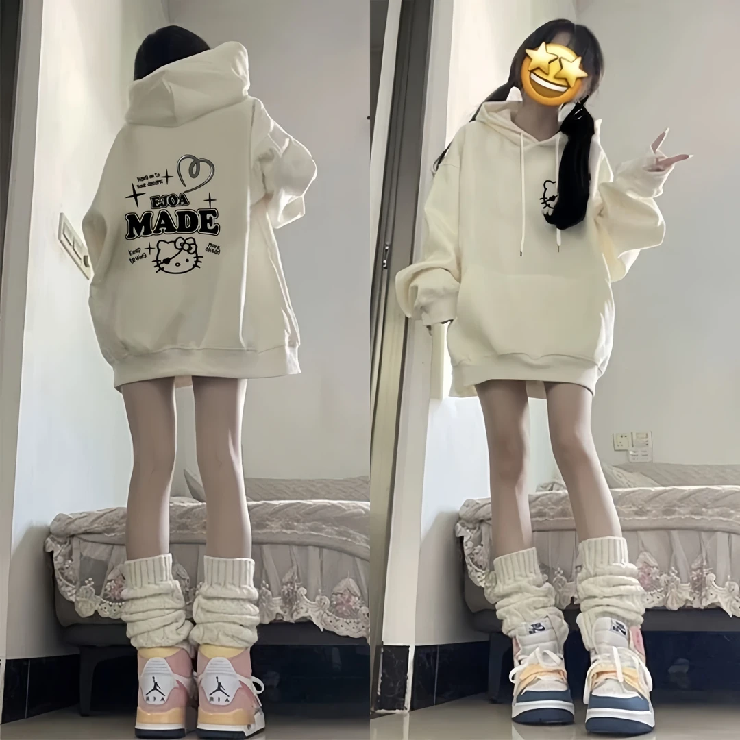 2024秋冬新款加绒连帽卫衣慵懒chic凯蒂猫连帽秋冬洋气时尚外套潮