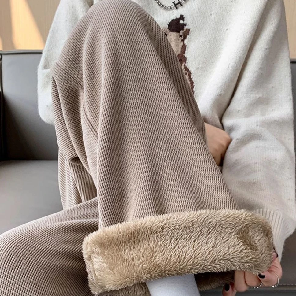 加绒加厚羊羔绒阔腿裤子女秋冬胖mm大码宽松显瘦休闲裤百搭直筒裤