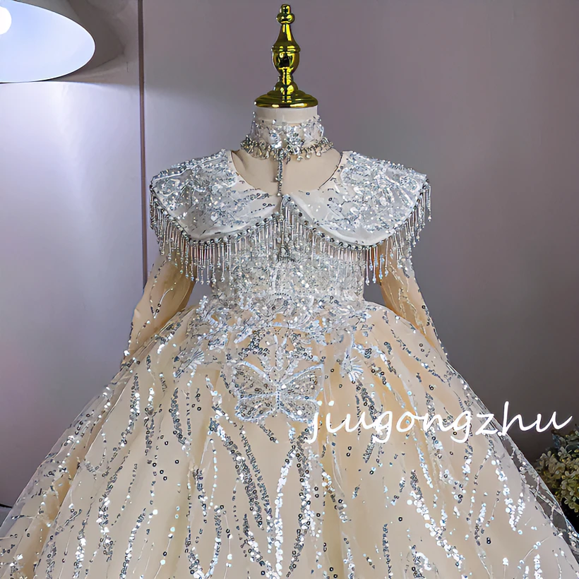 【黄金战袍】女童秋冬高端轻奢花童主持走秀钢琴演出服儿童生日礼服