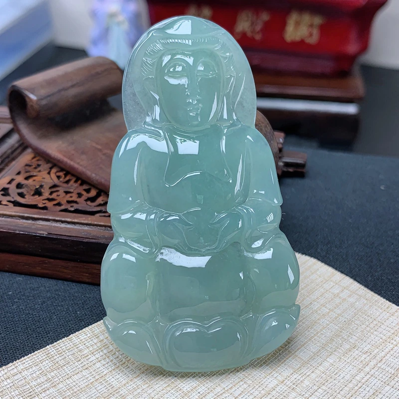 缅甸纯天然翡翠A货晴底玉佩玉器冰种大慈大悲南海观音菩萨吊坠