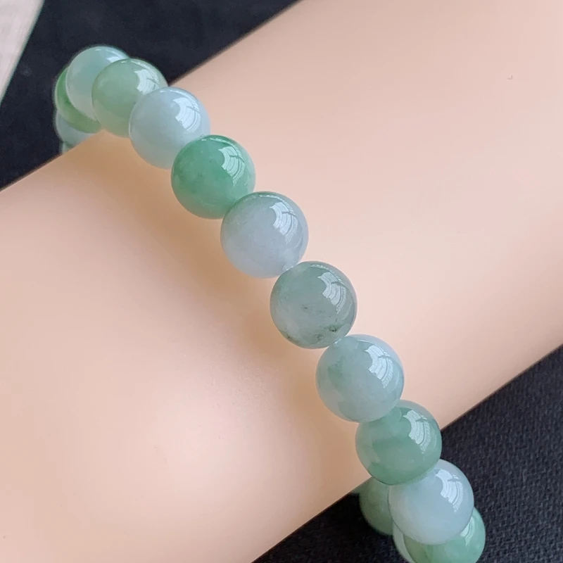 珠约卡8缅甸纯天然A货正品翡翠珠形冰种满绿女款飘花手链玉珠送礼