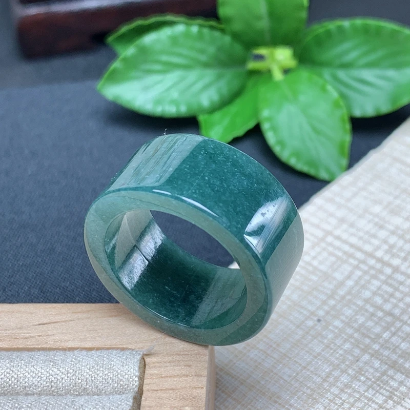 内径20.4优惠纯天然A货翡翠老坑冰润蓝色雪花棉男款方宽边扳指环