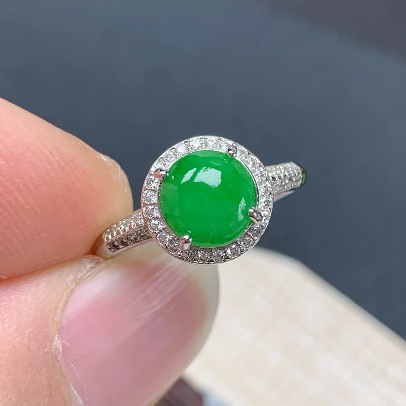 新款925银托戒指内径可调玉石优惠纯天然A货翡翠冰种阳绿色女款