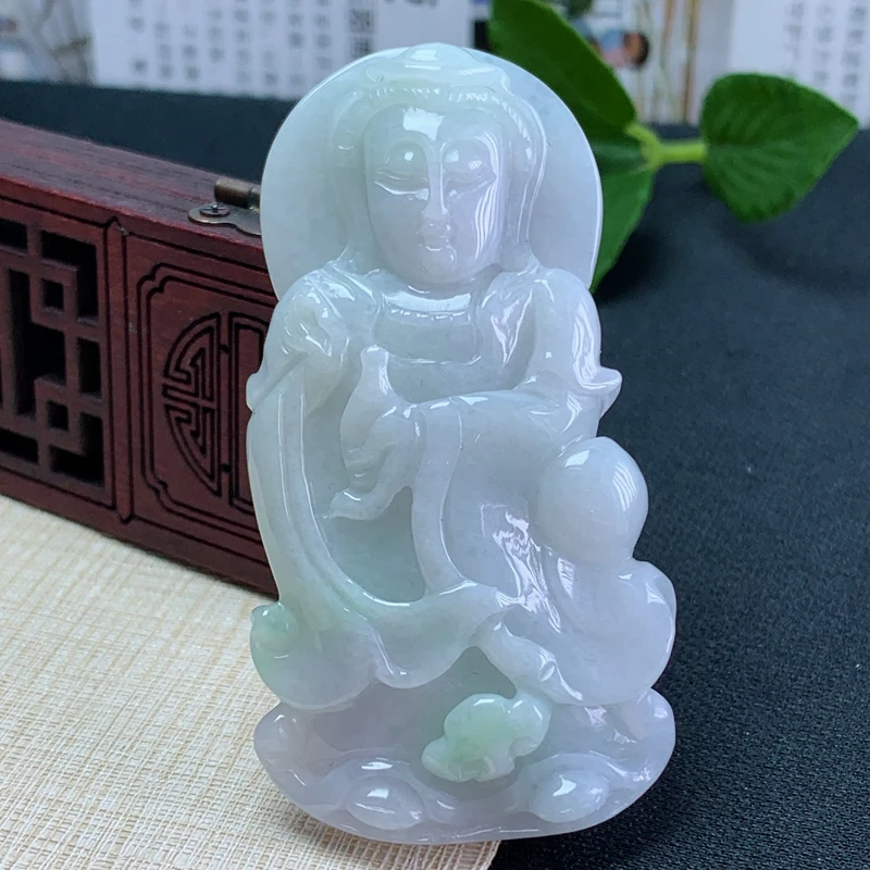 缅甸纯天然翡翠A货玉佩玉器老坑冰种飘花紫色绿色观音吊坠守护神