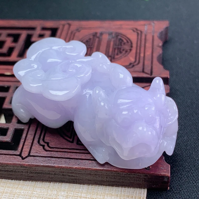 缅甸纯天然翡翠A货玉器玉牌老坑飘花紫色貔貅吸财纳福吊坠精美