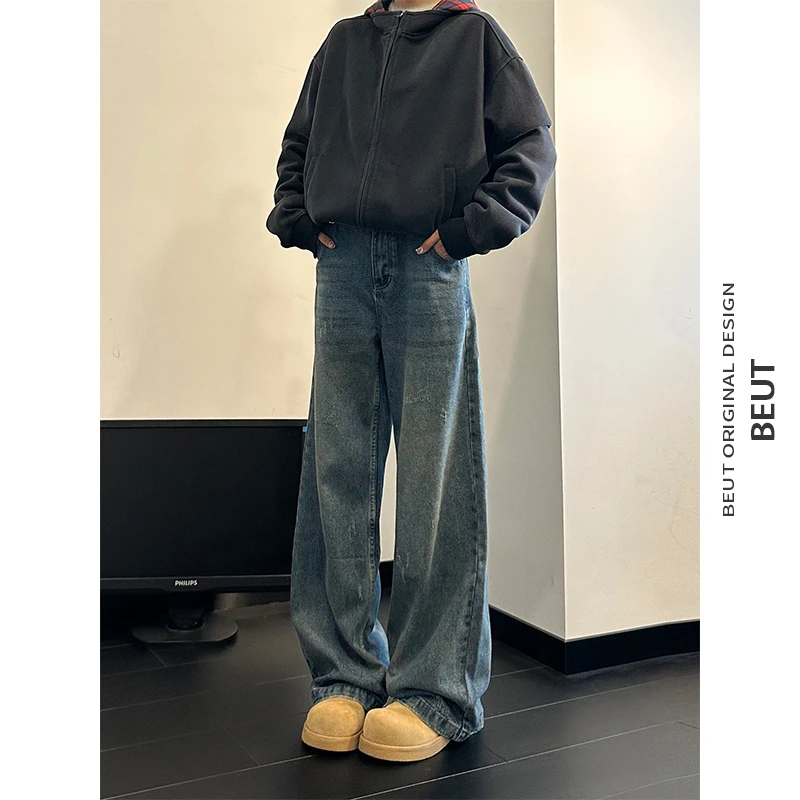 Beautget秋冬美式复古做旧水洗牛仔裤男女宽松阔腿牛仔长裤