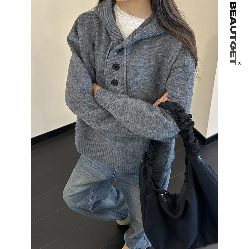 Beautget美式复古短款套头连帽毛衣男女cleanfit针织衫毛衣