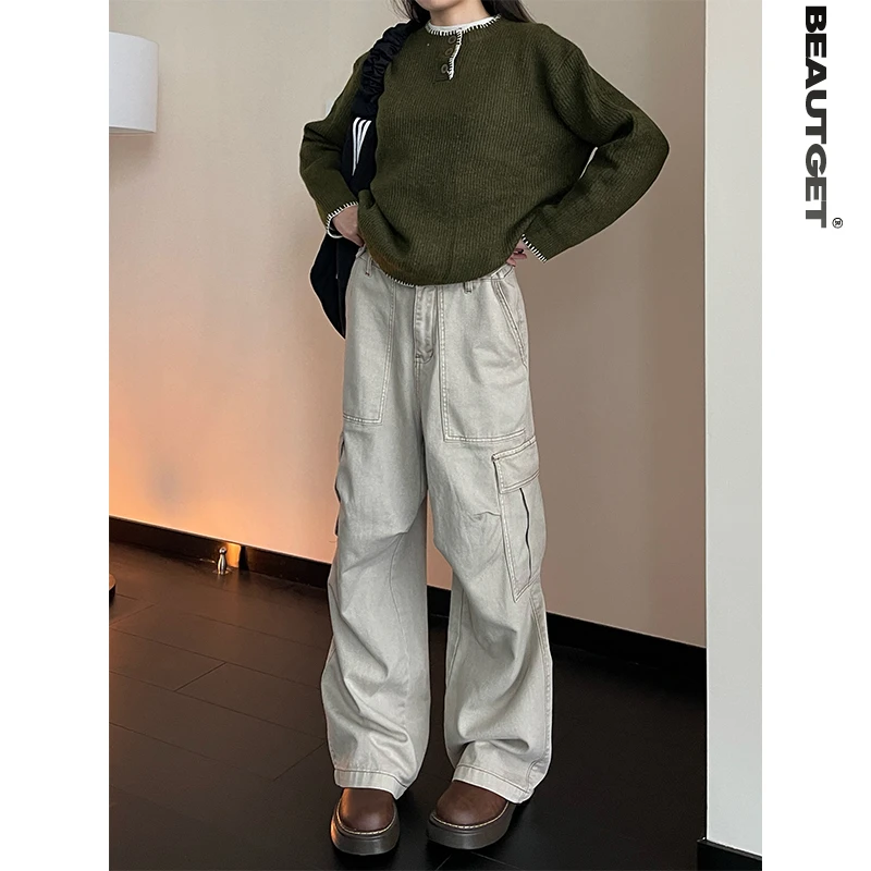 Beautget美式复古街头大口袋工装裤男女宽松直筒休闲裤长裤潮流