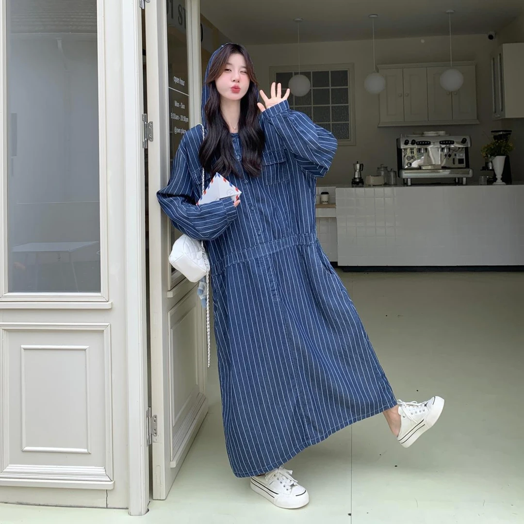 复古连帽条纹连衣裙女秋季2024新款韩系设计感小众宽松休闲长裙子