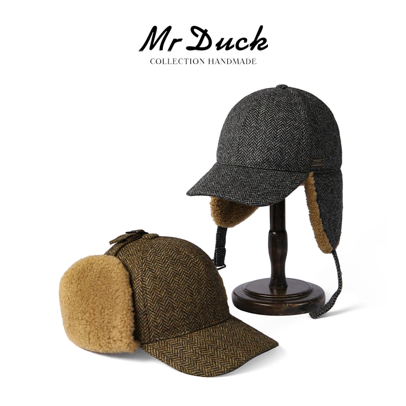 Mr DUCK棒球帽进口英国MOON100%羊羔毛粗花呢 皮毛一体保暖鸭舌帽