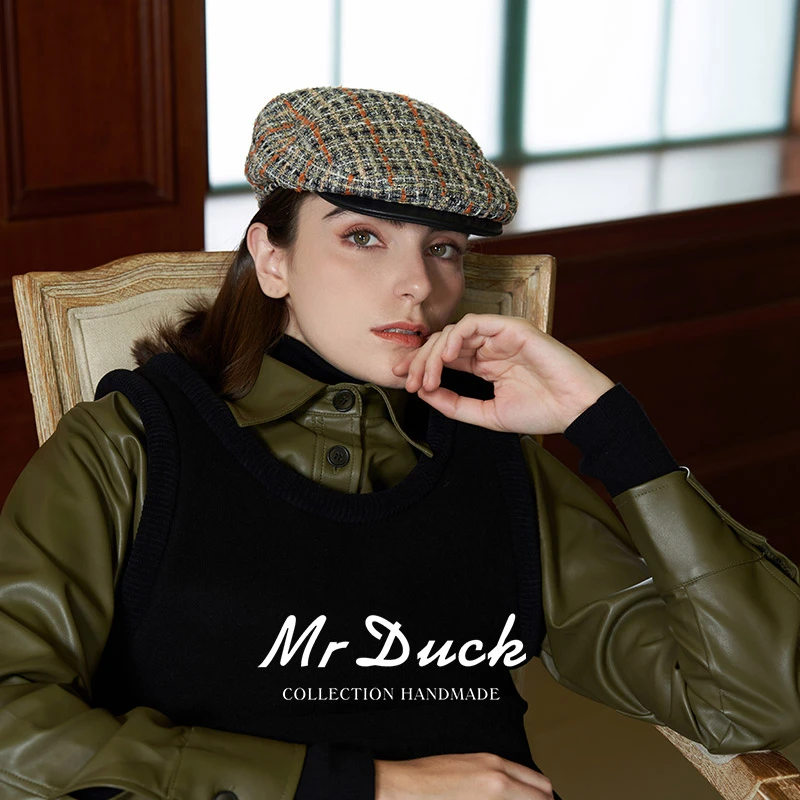 mrduck高定英国Linton小香粗花呢/小绵羊皮鸭舌帽女秋冬潮搭帽子