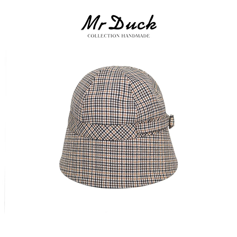 Mr DUCK名媛气质精纺羊毛千鸟格复古水桶帽显脸小休闲百搭盆帽女