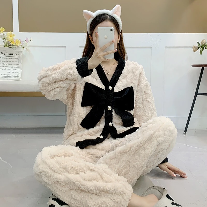 秋款珊瑚绒睡衣套装春秋网红加绒加厚女士大码甜美长袖秋冬季毛绒