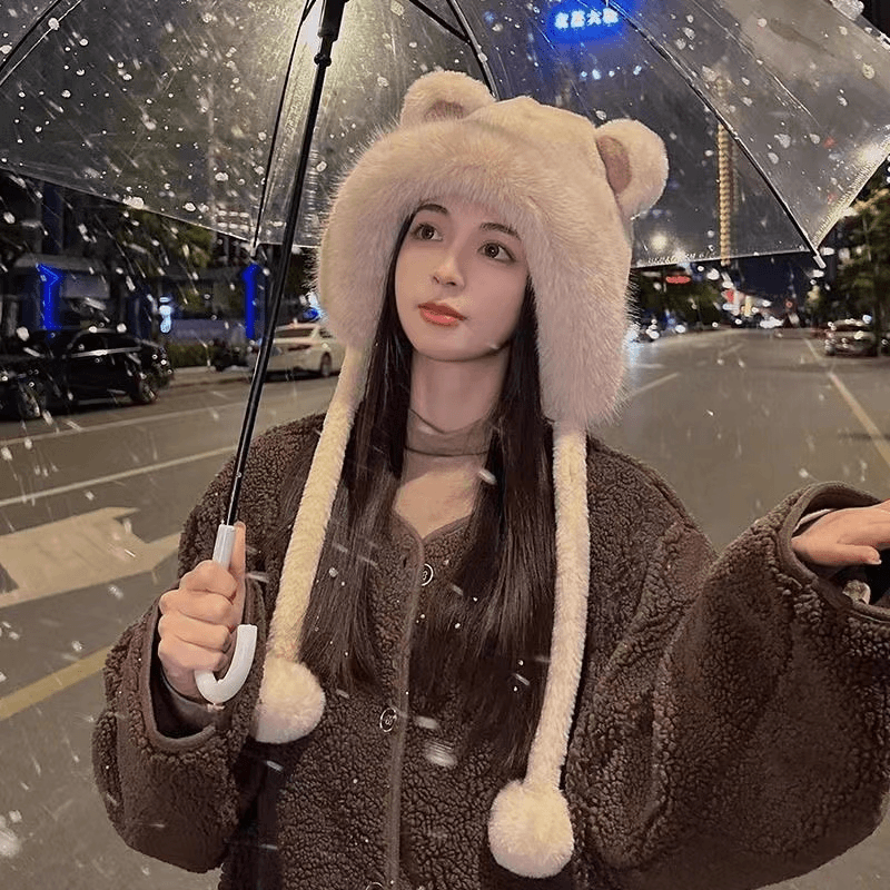 可爱小熊耳朵毛绒雷锋帽女秋冬季保暖护耳帽子学生加厚骑行防风帽