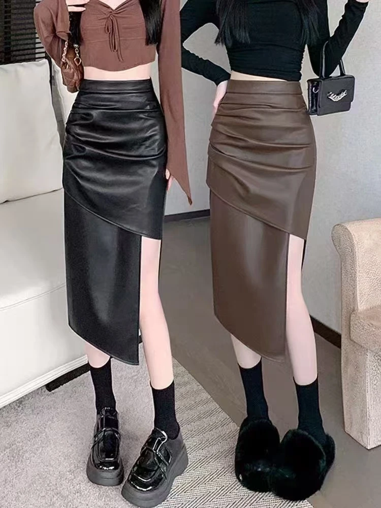 姐9373半身皮裙女秋冬季新款中长款不规则气质褶皱a字一步包臀裙