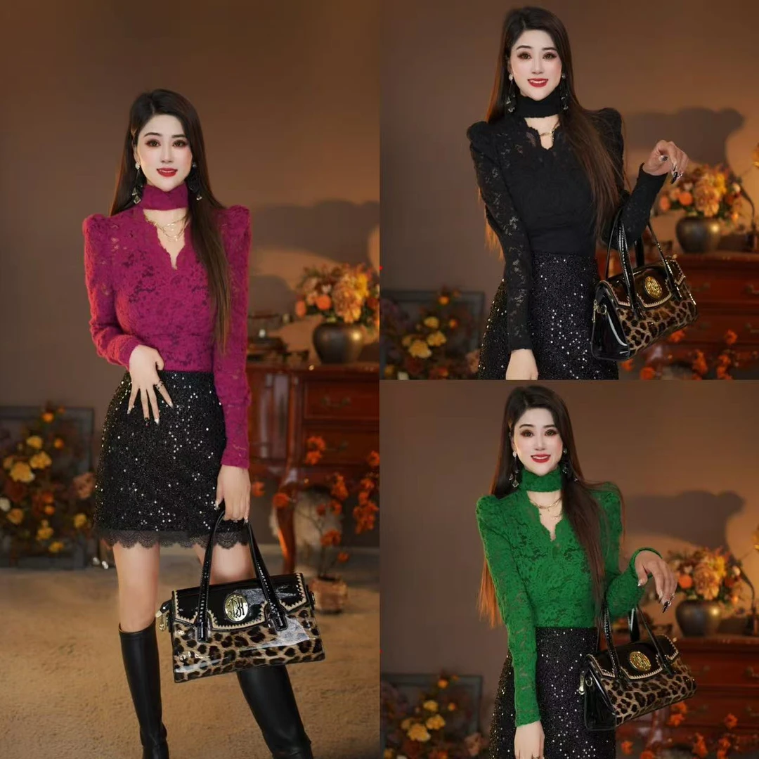 姐5971挂脖镂空洋气蕾丝打底衫女士长袖秋冬季新款爆款纯欲内搭