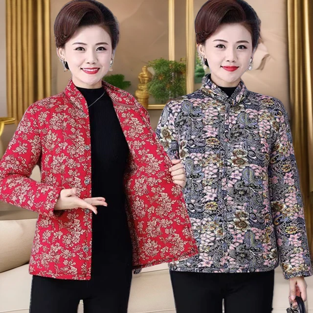 时尚女棉衣民族风秋冬碎花棉袄小立领妈妈装中老年加厚保暖仿驼绒