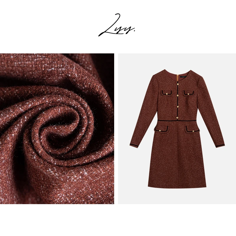 LYY【焦糖】知性通勤毛呢连衣裙女2024秋冬新款气质修身A字裙07665