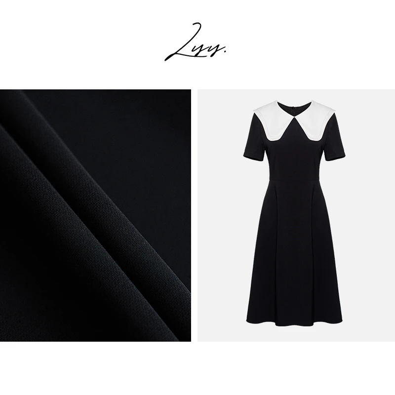 LYY【假日情诗】娃娃领黑色连衣裙女夏装新款气质收腰大摆裙子08497