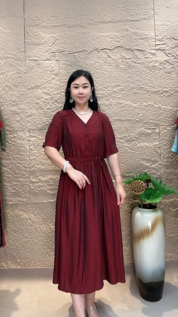 新款夏季赫本风显瘦优雅法式系带收腰中长款纯色女装连衣裙