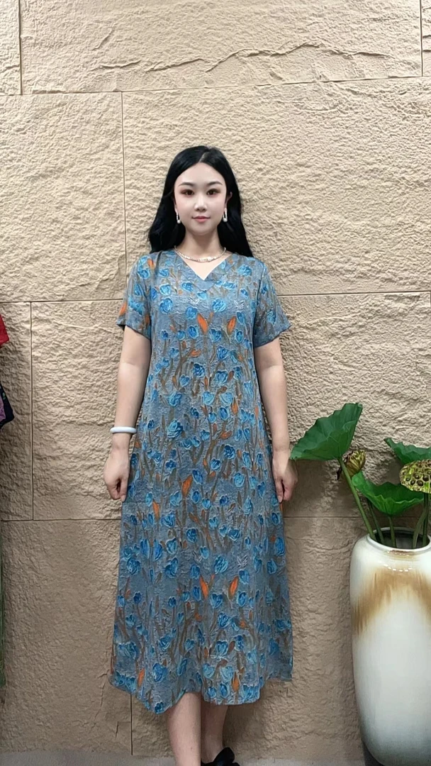 （蓝郁金香）新款夏季妈妈装v领短袖气质显瘦连衣裙