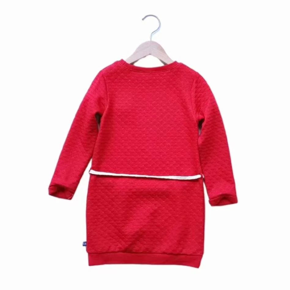 女童红色卫衣裙金色条纹菱形格长袖圆领