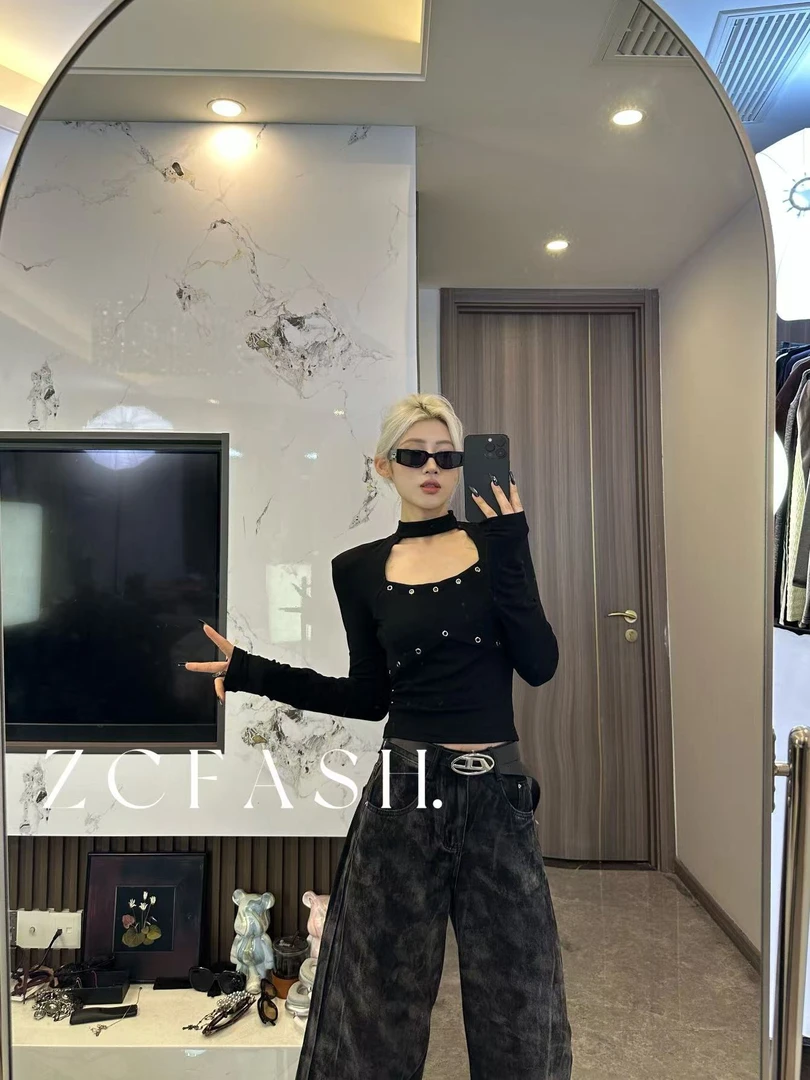 ZC-新款春季设计感挂脖纯镂空显瘦上衣-062黑色打底衫