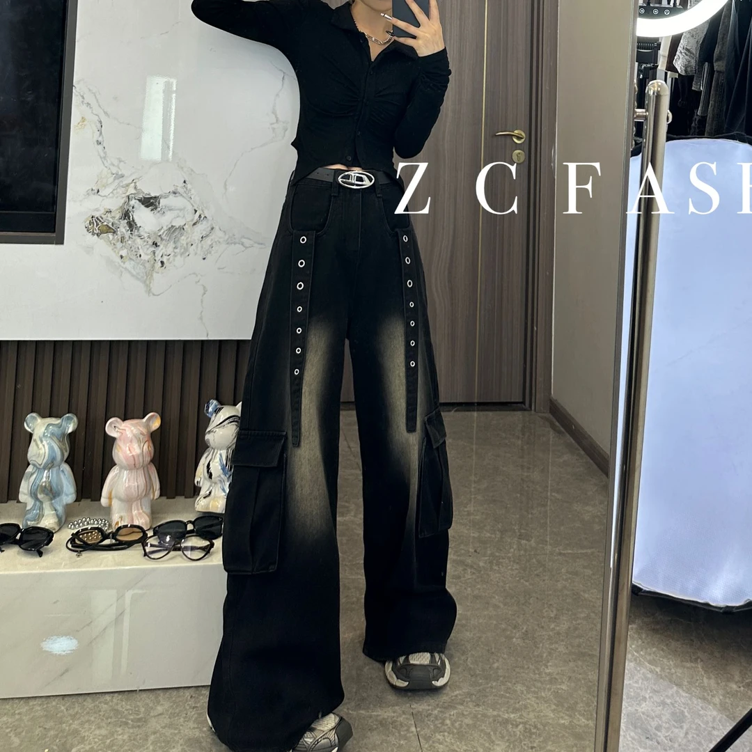 ZC-2024新款重工设计复古口袋工装牛仔裤男女垂坠感水洗裤子-k027