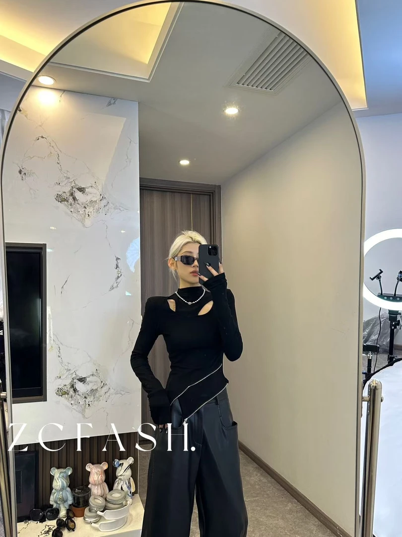 ZC-新款不规则拉链设计春季上衣打底-S057黑色打底衫