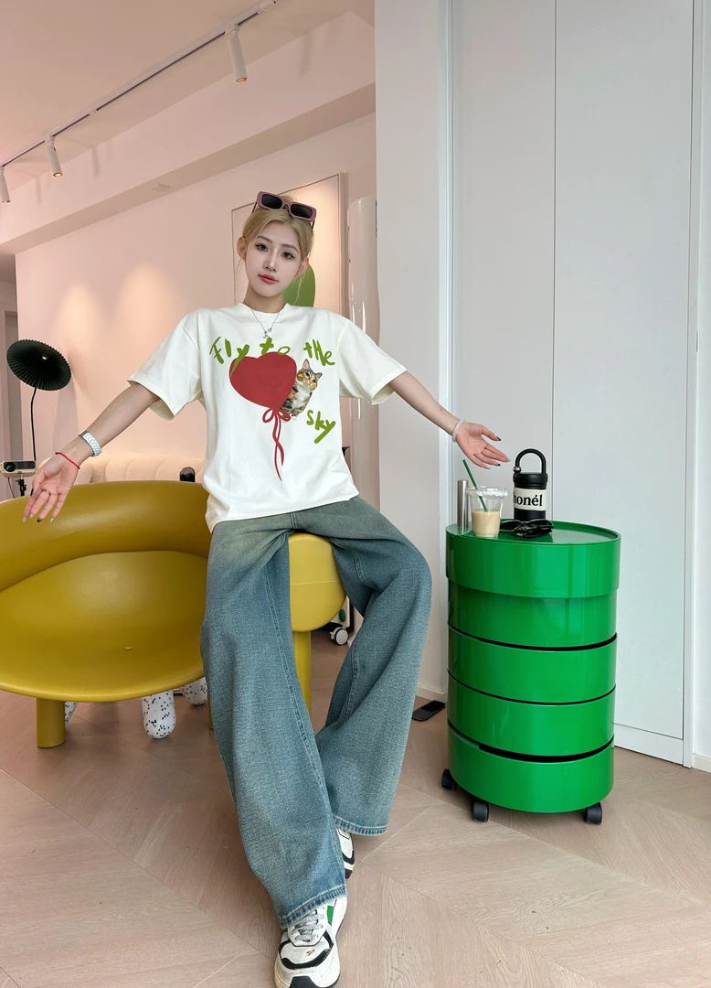 高定重磅260G -ZC原创-2024夏季时尚设计款 【猫和气球】 上衣ZC048