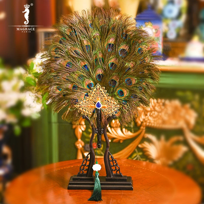 MAGRACE HOME孔雀羽毛团扇汉服古风扇家居创意艺术装饰舞蹈古典扇