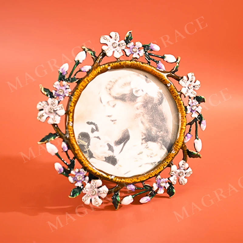 MAGRACE HOME珐琅彩古色花环圆形相框复古创意4寸相架摆台像框