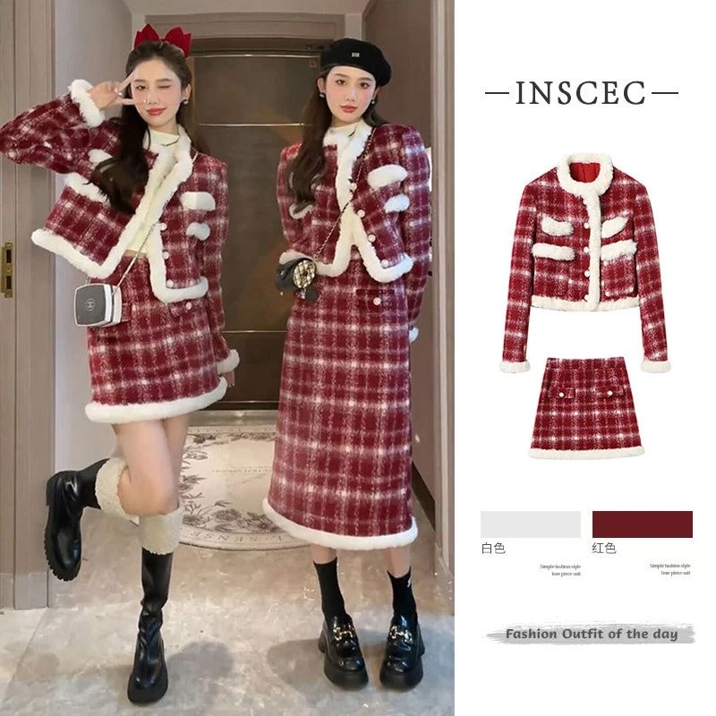 圣诞过年红色小香风格子套装裙女韩版气质名媛富家千金两件套冬装