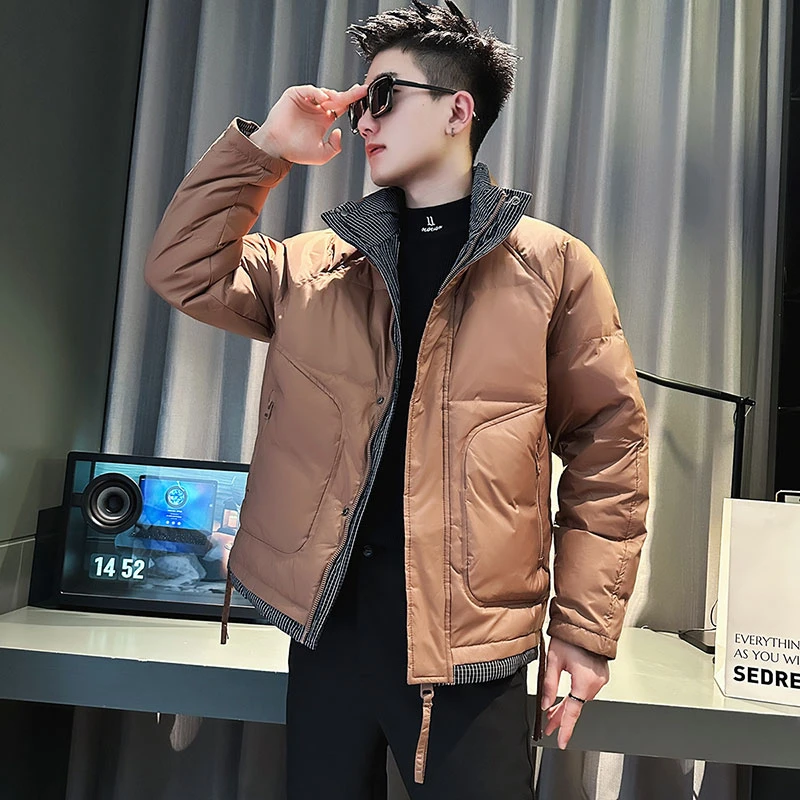 假两件羽丝棉棉服潮牌立领袄子2023新款男装上衣冬季加厚外套棉衣