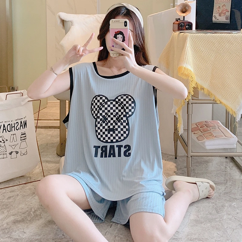 睡衣女夏季天无袖背心套装冰丝薄款加肥宽松家居服胖MM大码200斤