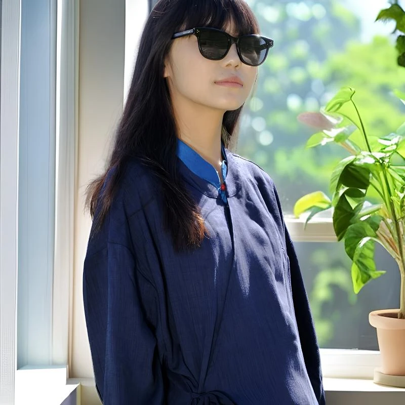 藏式夏季长袖休闲宽松蓝色超薄立领舒适男士复古上衣中式服装日常