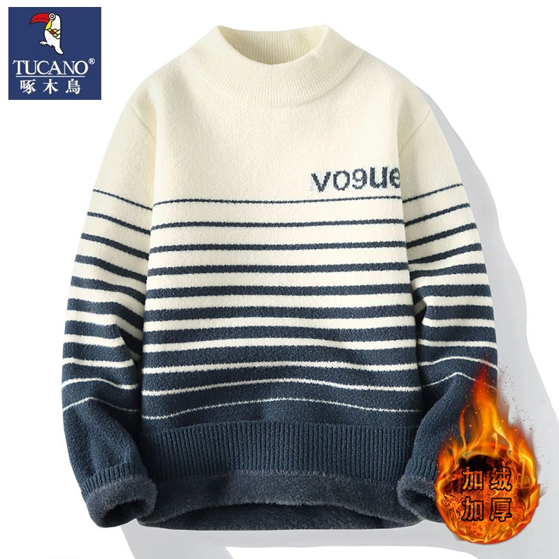 啄木鸟水貂绒毛衣男秋冬季条纹渐变半高领加绒加厚冬季打底衫内搭